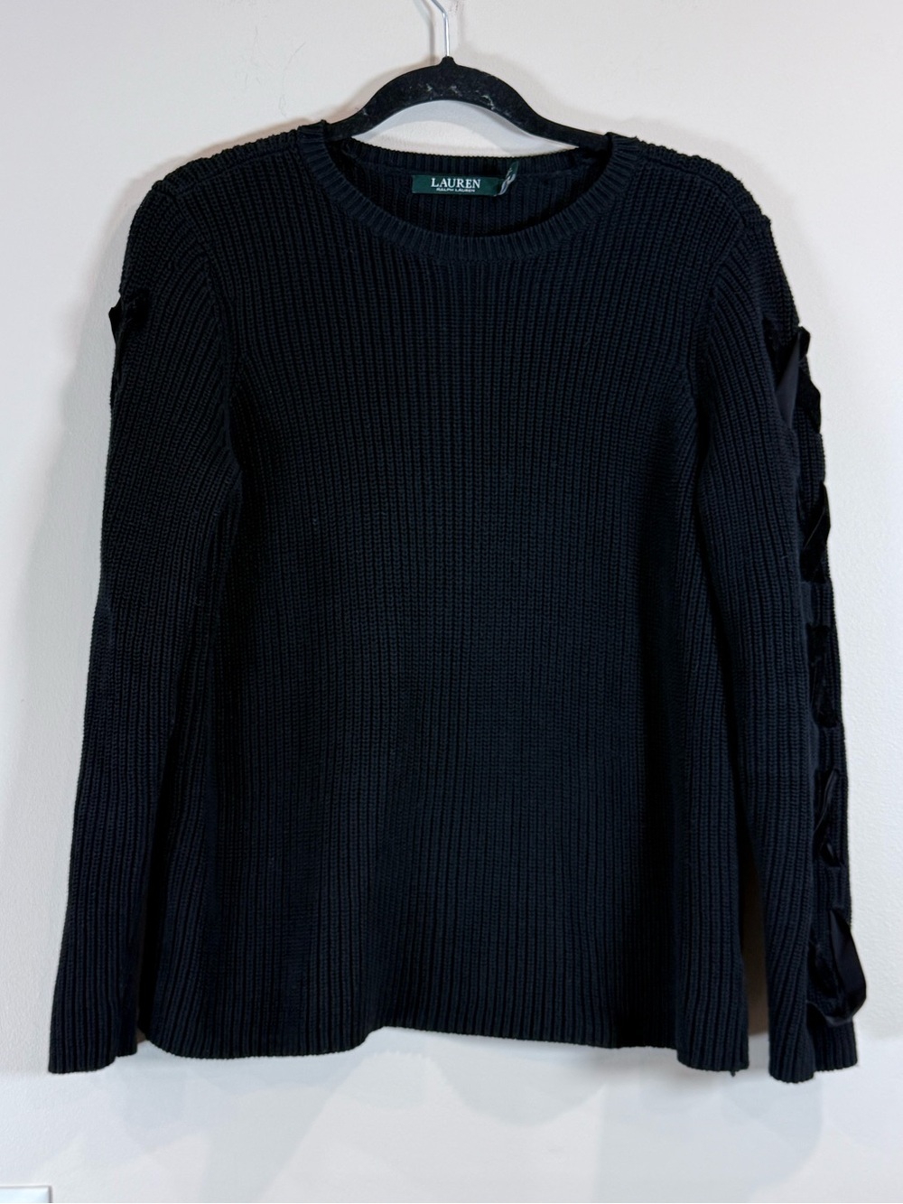 🔥 Ralph Lauren Women’s Black Ribbed Sweater with Lace-Up Sleeves Size PM EUC🔥